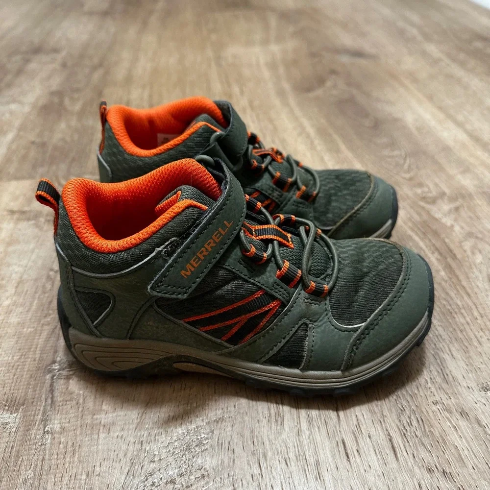 Merrell | Kids Leather Green Orange Outback Mid Hike Trail Shoes, Size 12 Mo.